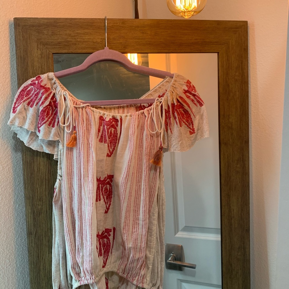Embroidered Free People Top with Tassels